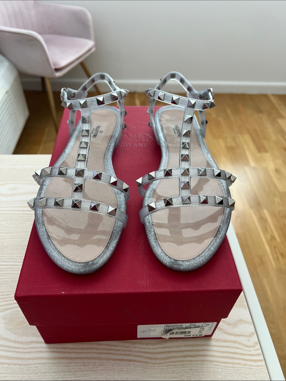 Valentino Silver Studded T-Strap Sandals